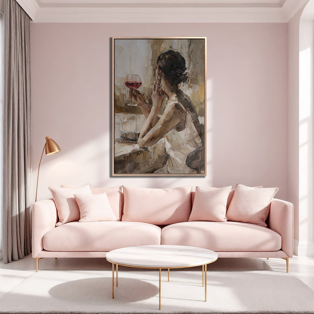 Framed Wall Art: Elegant woman with wine, impressionist style, warm neutral and pink palette. Perfect for adding a touch of sophistication to your home.