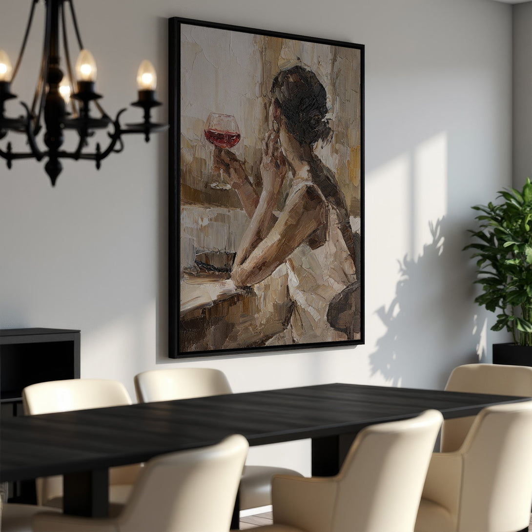 Framed Wall Art: Impressionist painting of woman with wine glass in warm neutral tones. Perfect for dining room decor!