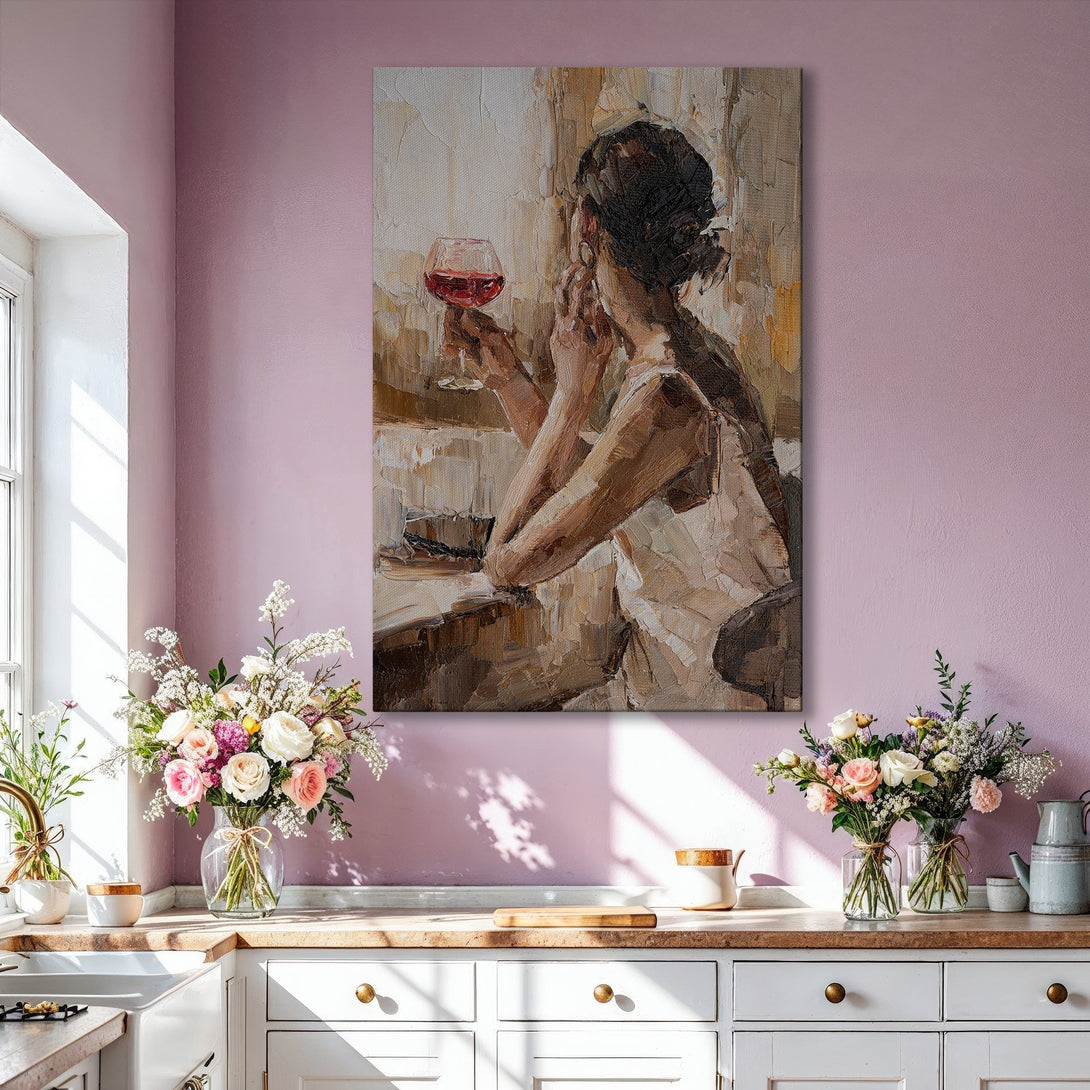 Framed Wall Art featuring a woman with wine, impressionist style, warm neutral color palette. Perfect for living room decor.