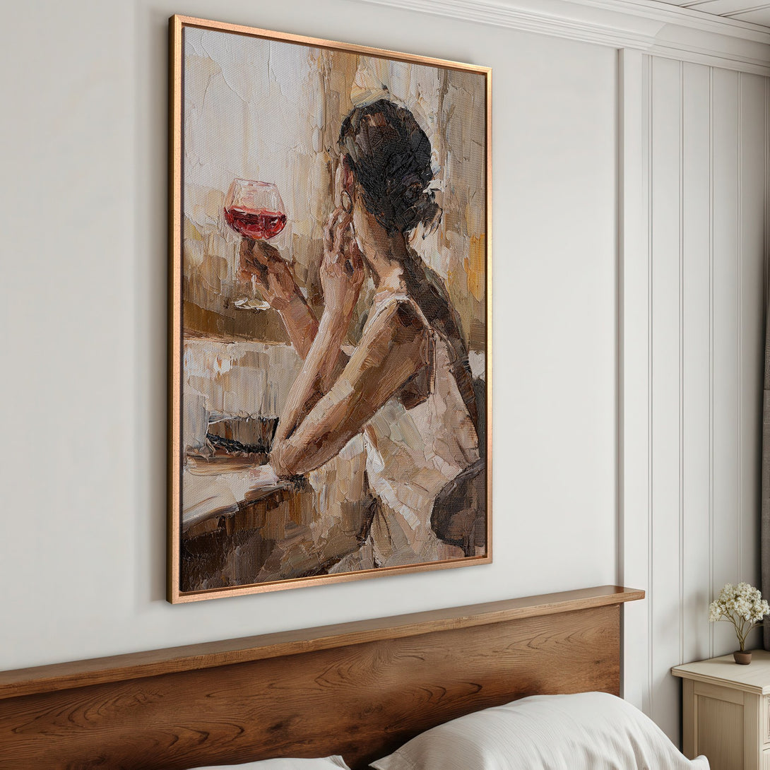 Framed Wall Art: Impressionist painting of a woman with wine, warm neutral tones. Perfect for bedroom decor, adds elegance and style.