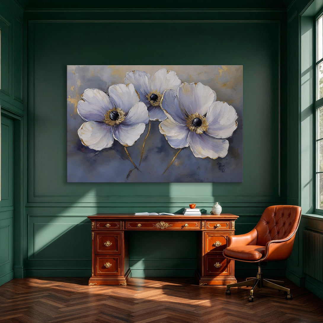 Framed Wall Art featuring white floral painting with gold accents. Modern art in a blue and gold color palette, perfect for dining room decor.