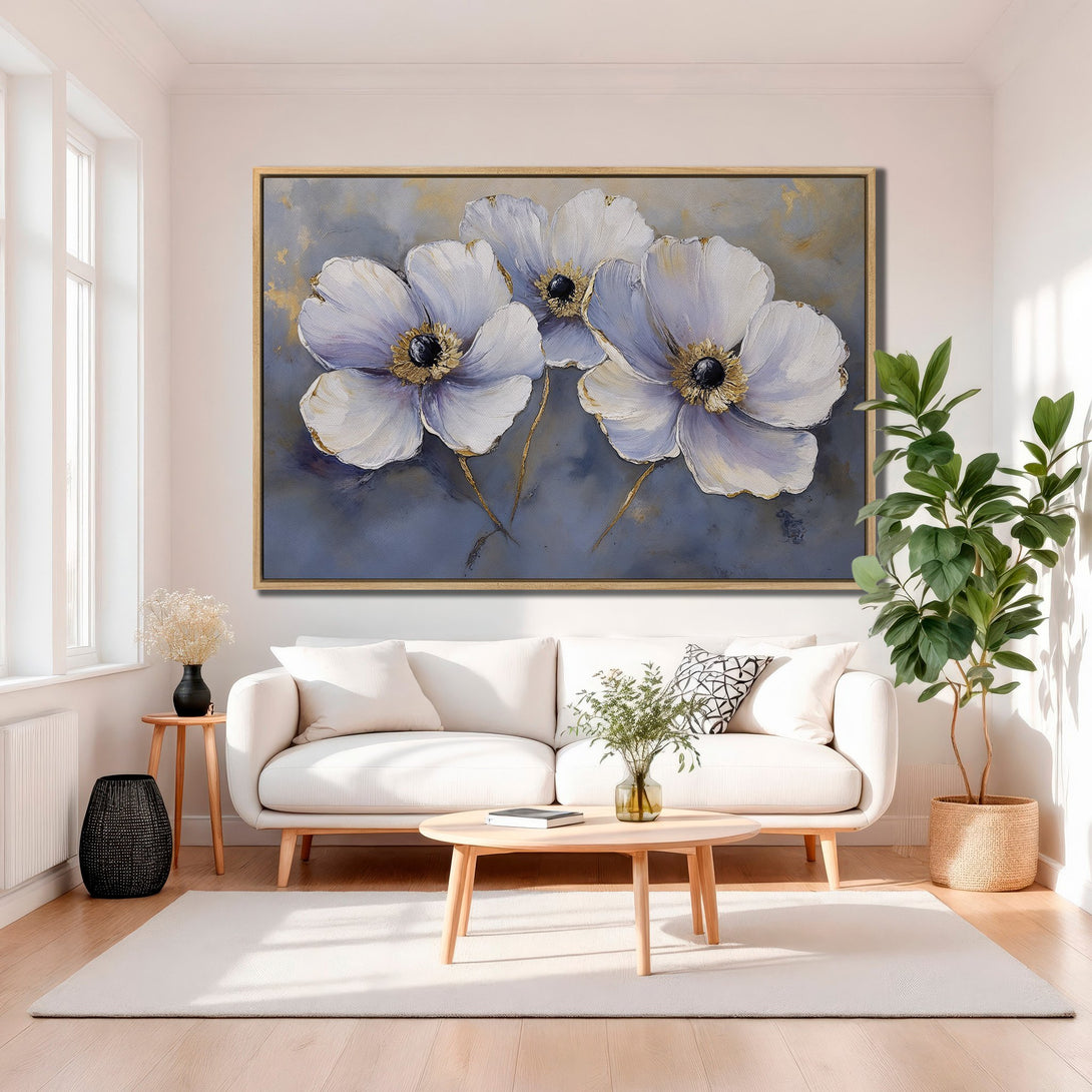 Framed Wall Art: Large floral canvas print in a modern living room. Features soft blue, white, and gold hues. Elevate your space with this elegant artwork.