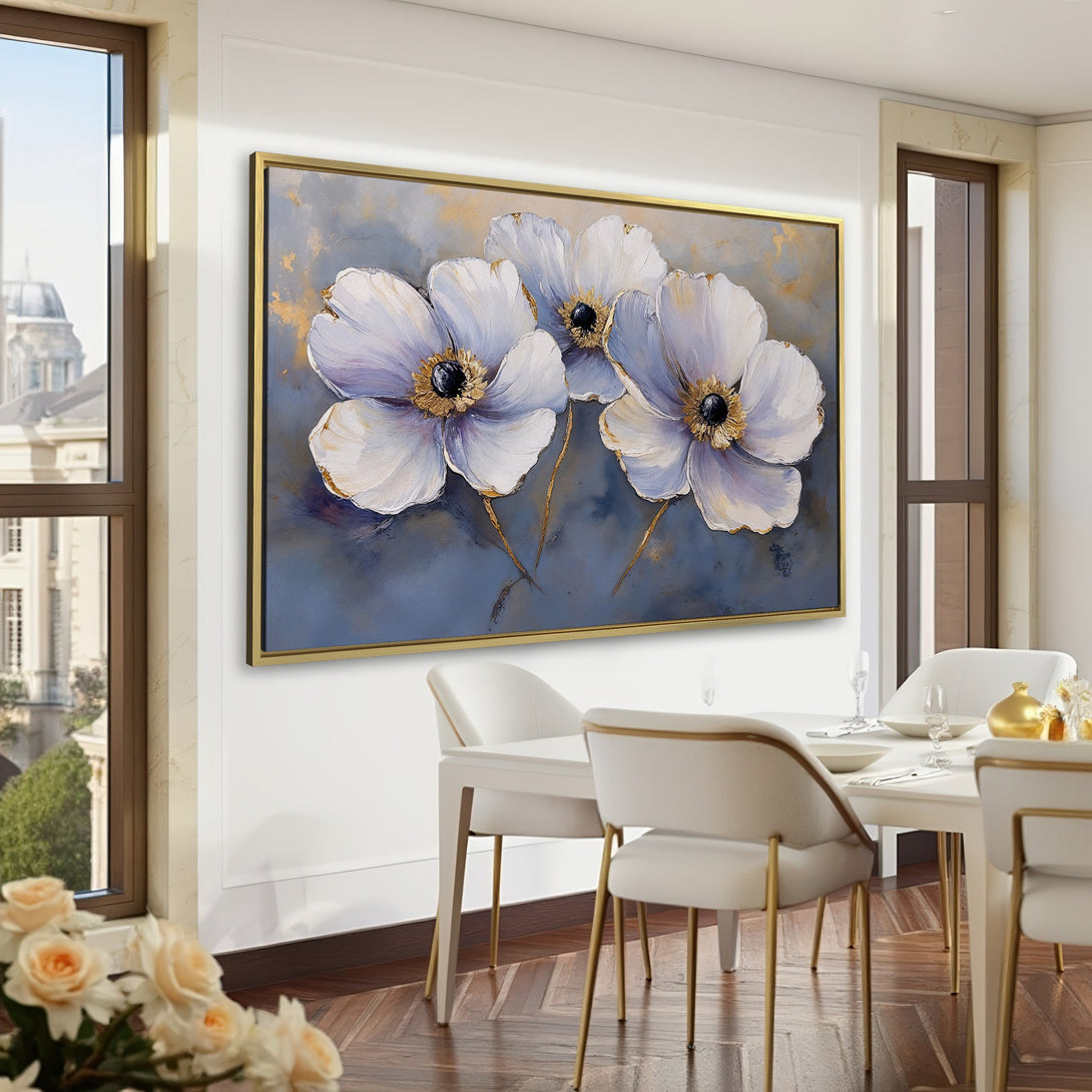 Canvas Print of elegant white floral art with gold accents, displayed in a sophisticated green interior. Perfect for home decor!