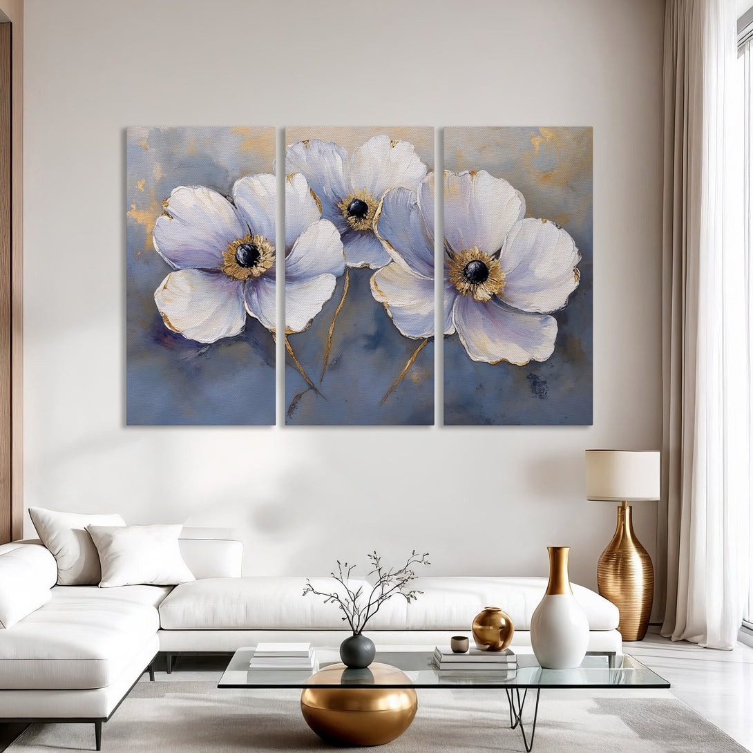 Canvas Print of elegant white floral art with gold accents, set against a soft blue backdrop. Modern, stylish wall decor.