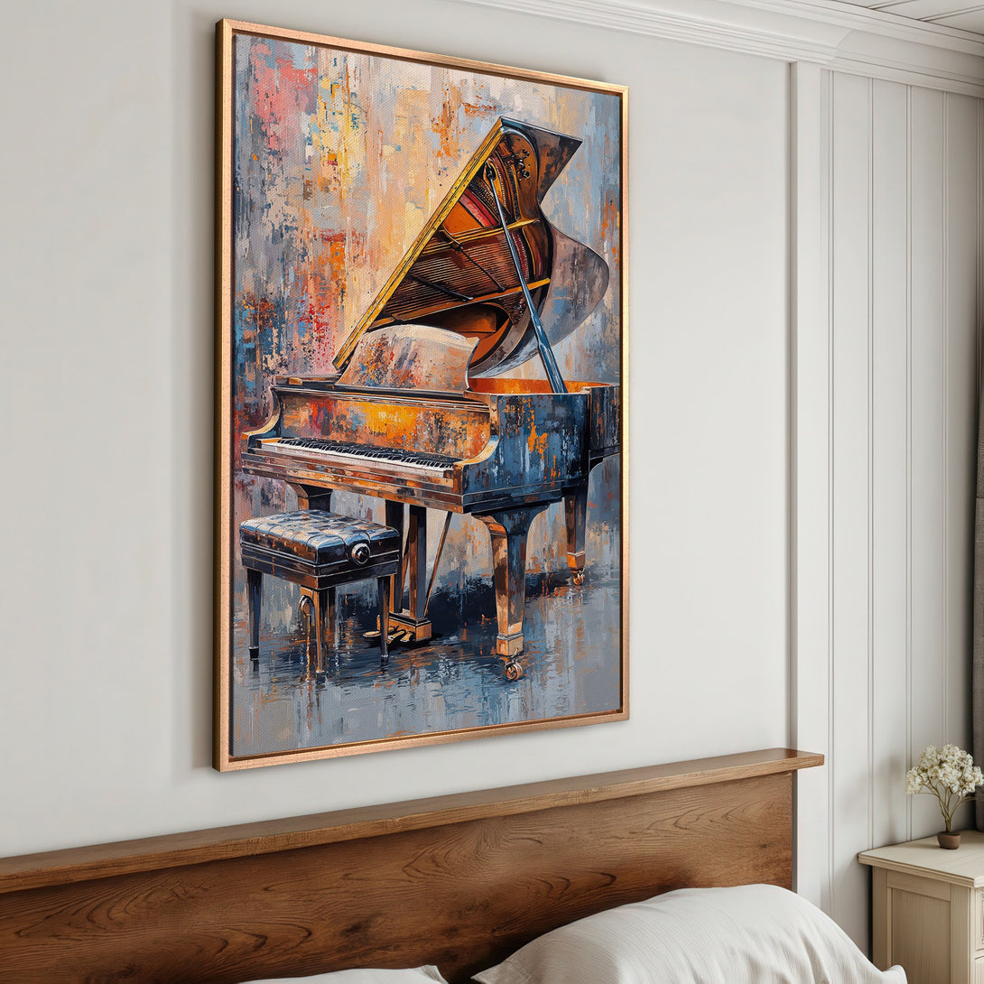 Framed Wall Art of a grand piano in an abstract style. Warm, inviting color palette with blues, oranges, and browns. Perfect for living room decor.