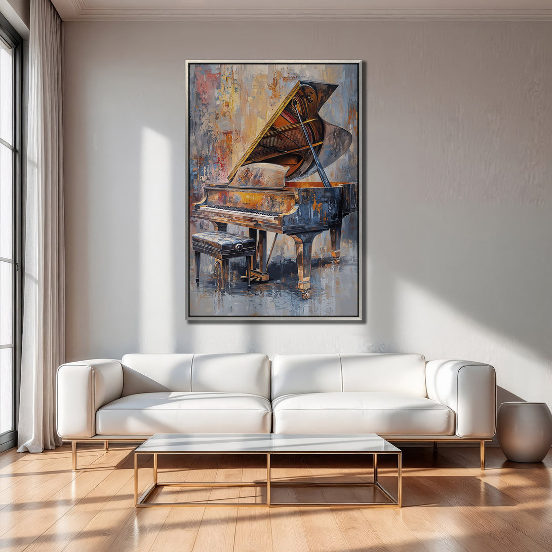 Framed Wall Art featuring a grand piano painting in abstract style. Warm, neutral color palette creates a sophisticated, modern interior design.