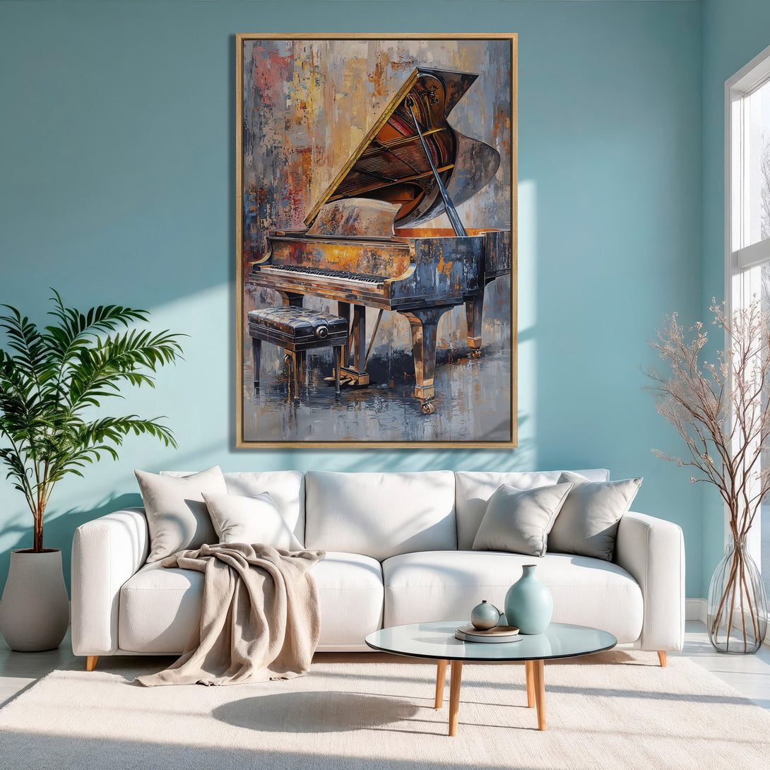 Framed Wall Art of a grand piano in an abstract style with warm & cool tones. Perfect for adding a touch of elegance to your living room.