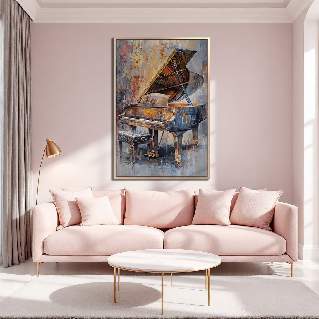 Framed Wall Art of a grand piano in an abstract style with a warm, muted color palette, perfect for adding elegance to your living room.