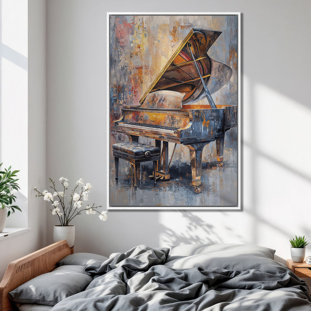 Framed Wall Art: Abstract piano painting in a bedroom. Featuring a warm, textured style with a muted color palette of blues, browns, and golds.