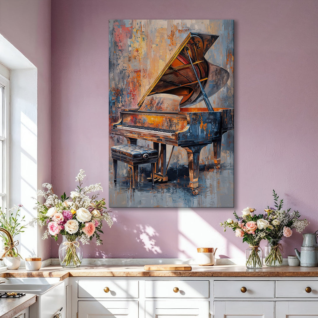 Framed Wall Art: Abstract piano painting in warm tones. Adds elegance to any interior. Modern art with a gold frame, perfect home decor.