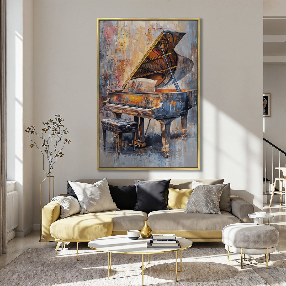 Canvas Print of a grand piano in an abstract style, featuring warm orange, blue, and brown tones. Perfect for adding artistic flair to any room.
