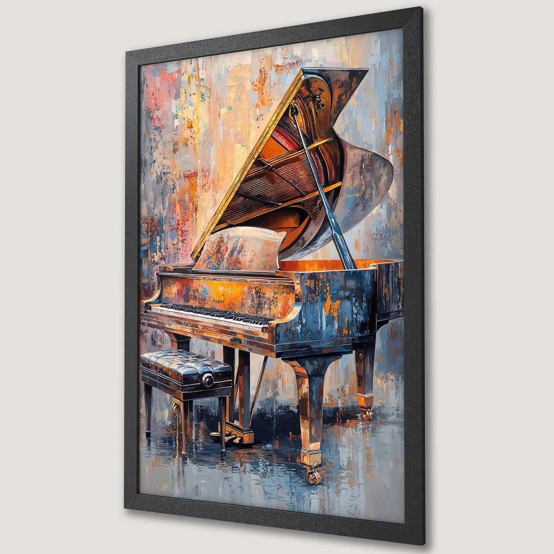 Framed Poster of a grand piano in an expressive, abstract style with a warm, muted color palette. Perfect wall art!