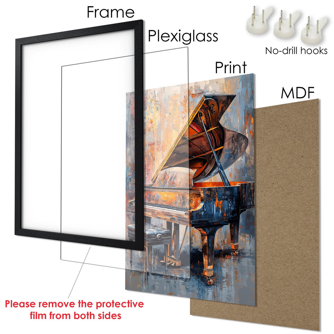 Framed Poster featuring a grand piano, abstract art style with warm orange, blue, and brown tones. Perfect wall art!