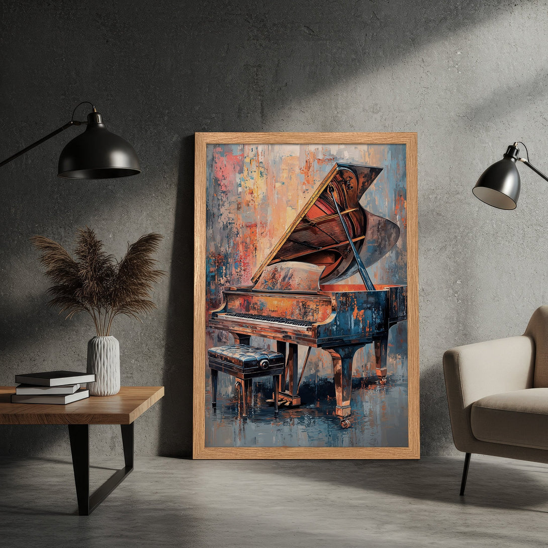 Framed Poster featuring a grand piano. Abstract art style with a warm, inviting color palette of blues, oranges, and browns. Elevate your space!