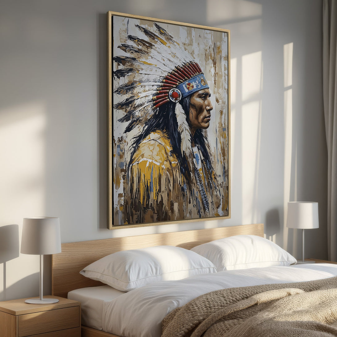 Framed Wall Art: Native American portrait in a bedroom. Abstract style with warm earth tones, red, and blue. Perfect bedroom decor.