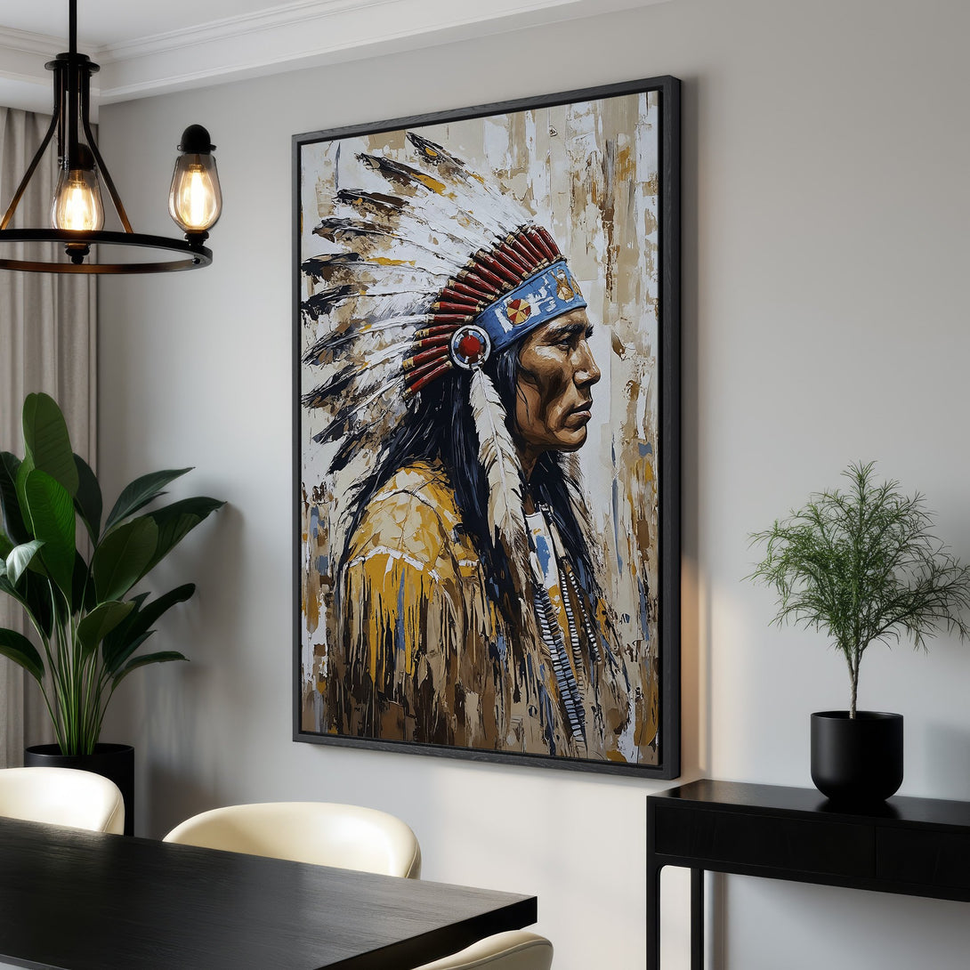 Framed Wall Art featuring a Native American portrait. Modern, textured style with a warm, earthy color palette. Perfect for adding cultural flair to your home!