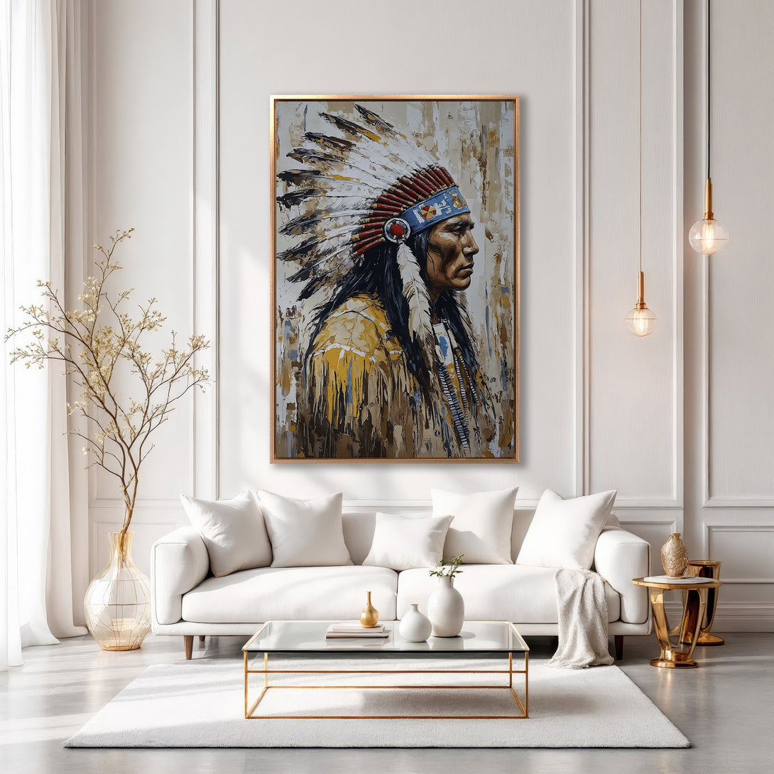Framed Wall Art: Native American portrait in a modern living room. Earthy tones and neutral palette create a warm, inviting atmosphere. Perfect for home decor.