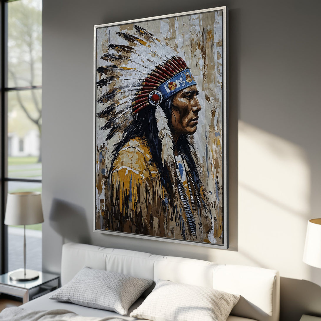 Framed Wall Art featuring a Native American portrait in an impressionistic style with a warm, earthy color palette. Perfect for adding character to any room.