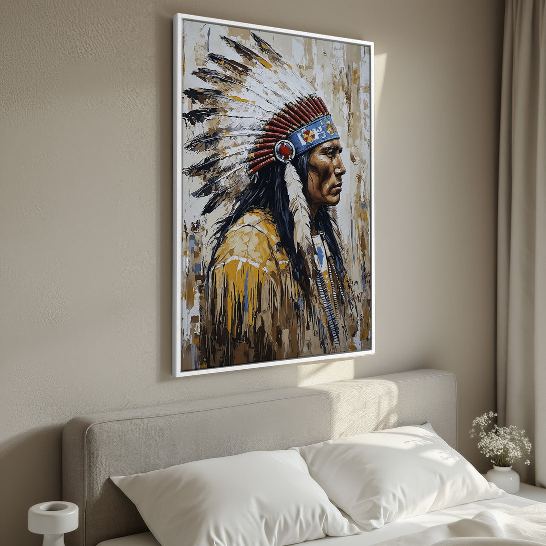 Framed Wall Art: Native American portrait Canvas Print in warm earth tones. Add a touch of history and style to your space with this stunning artwork!