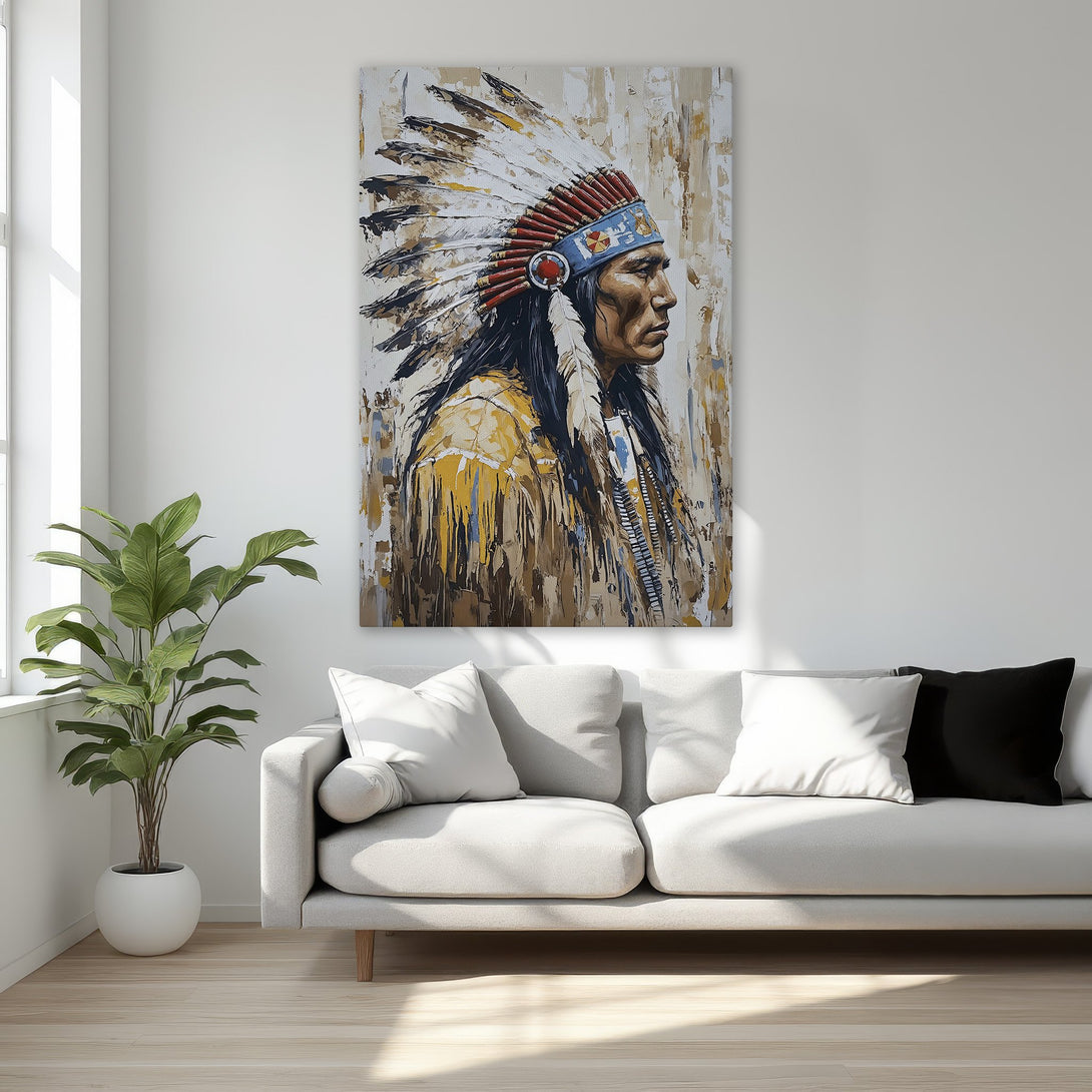 Framed Wall Art: Native American portrait Canvas Print. Impasto style with warm earth tones, red, and blue. Perfect for rustic or bohemian decor.