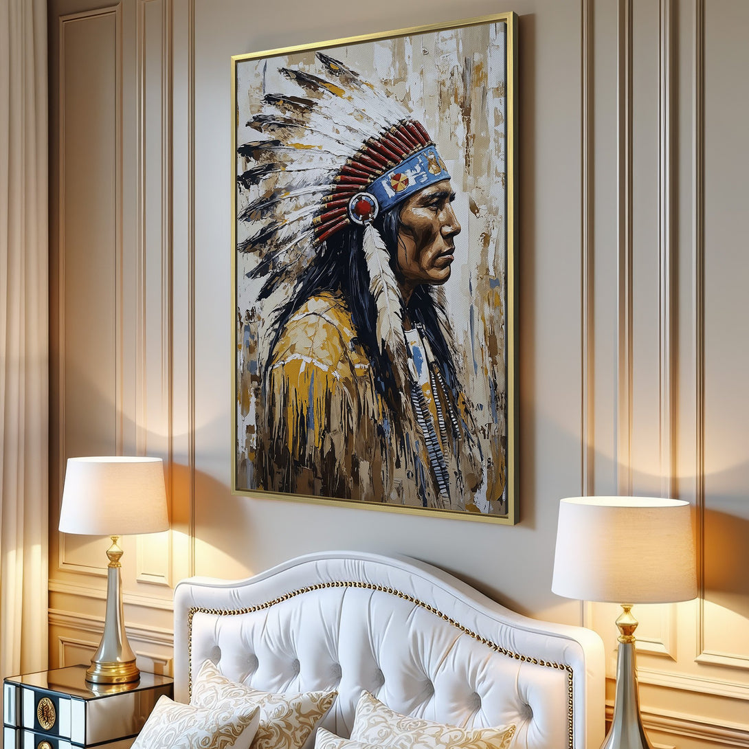 Canvas Print of Native American chief in profile, impressionistic style with warm, earthy tones. Perfect for living room decor.