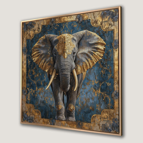 Framed Wall Art: Majestic elephant artwork in gold and blue. Elegant, artistic canvas print for a sophisticated home decor upgrade.