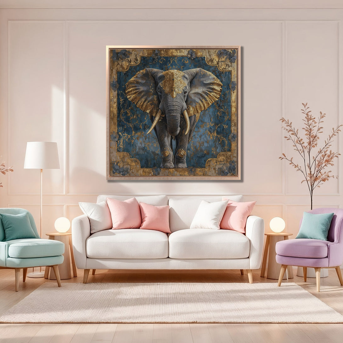Framed Wall Art featuring an elegant elephant design in blue and gold tones. Perfect for adding a touch of sophistication to your home decor.