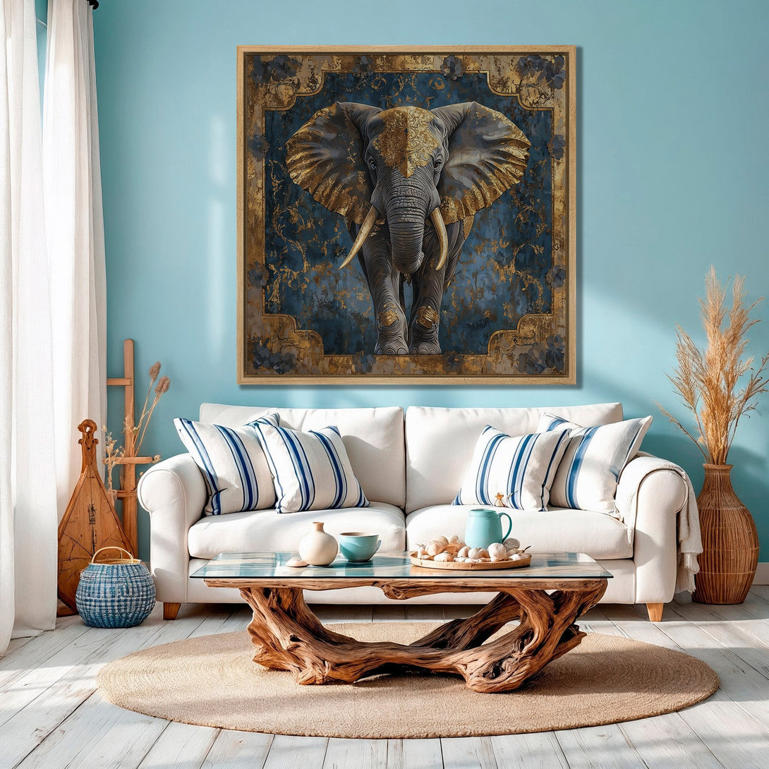 Framed Wall Art featuring an elegant elephant in gold and blue tones. Enhance your living room decor with this stunning Canvas Print!