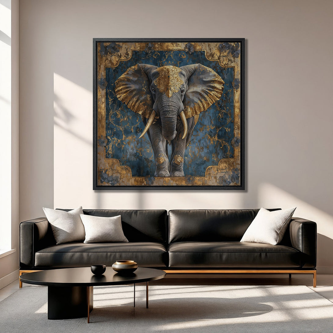 Framed Wall Art: Elegant elephant canvas print in blue & gold. Sophisticated decor for living rooms. Add a touch of luxury with this stunning artwork.