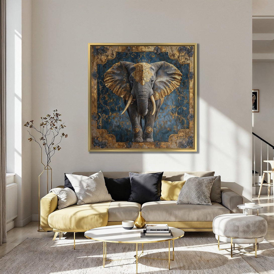 Framed Wall Art: Majestic elephant artwork in gold and blue tones. Elevate your space with this stunning Canvas Print, perfect for modern and luxurious interiors.