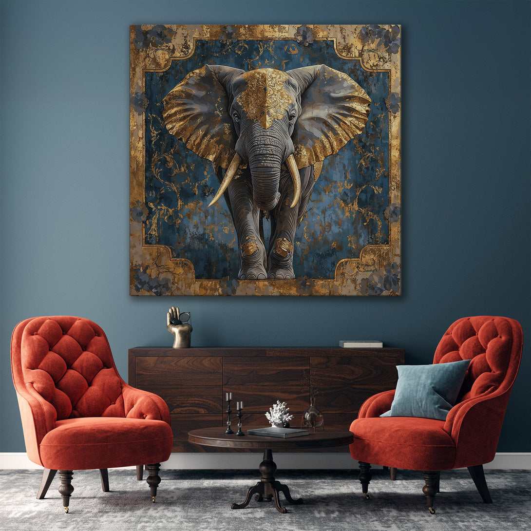 Framed Wall Art featuring an elegant elephant in a blue and gold color palette, displayed in a stylish living room setting. Enhance your home decor!