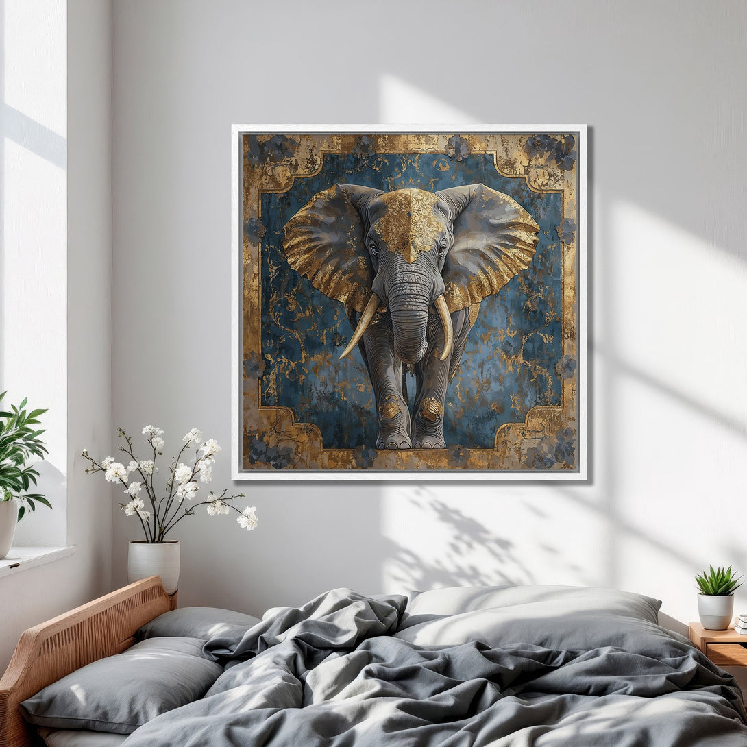 Framed Wall Art featuring an elegant elephant in blue and gold tones, perfect for adding a touch of luxury to your bedroom decor.