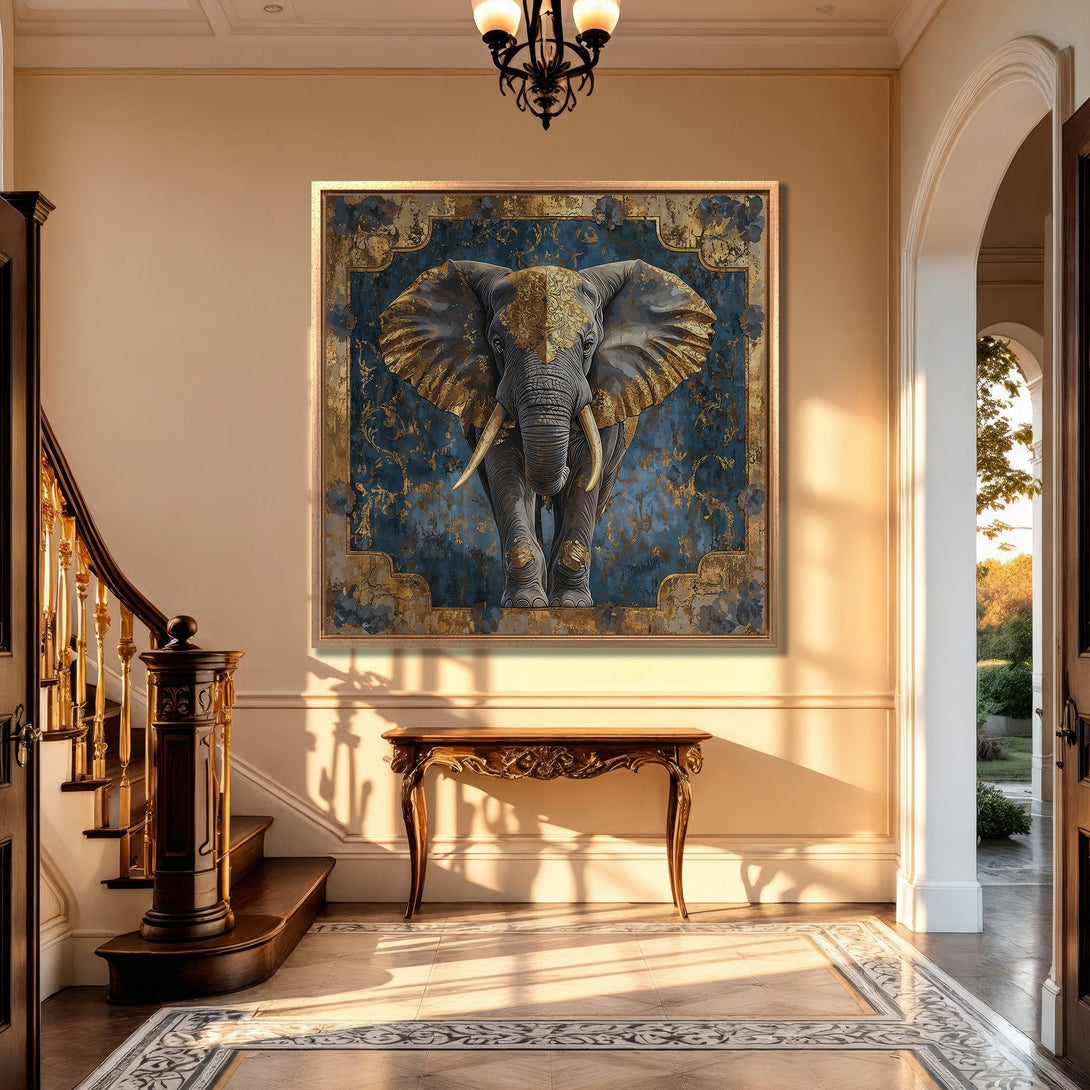Framed Wall Art: Majestic elephant canvas print in a luxurious interior. Features a blue and gold color palette, perfect for adding a touch of elegance.