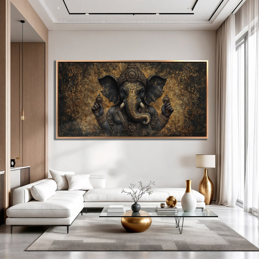 Framed Wall Art: Majestic Ganesha Canvas Print in a modern living room. Features a dark, detailed image with gold and black tones. Enhance your space!