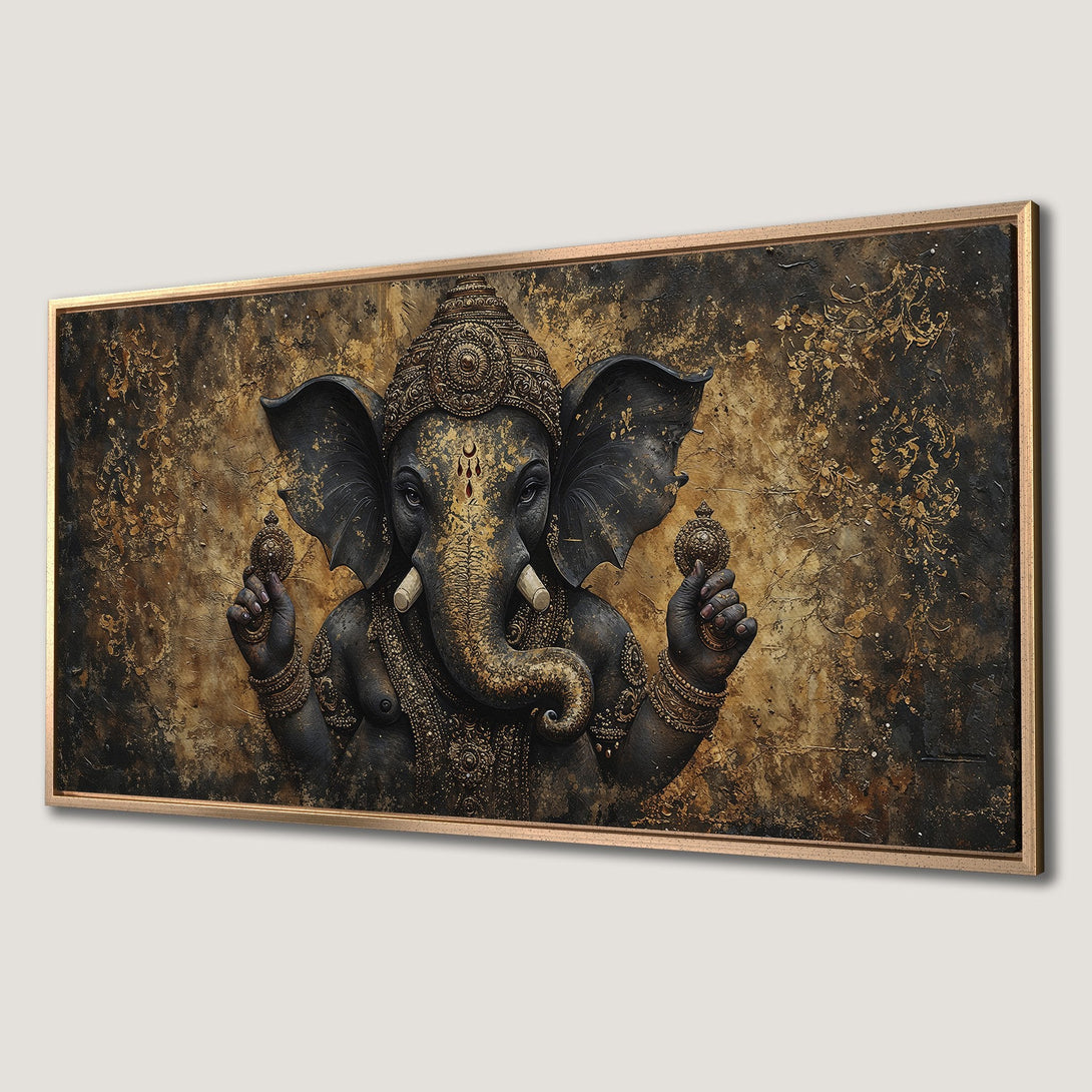 Framed Wall Art: Ganesha Canvas Print in a rich, textured style with a gold and black color palette. Perfect for adding spiritual elegance to your home.