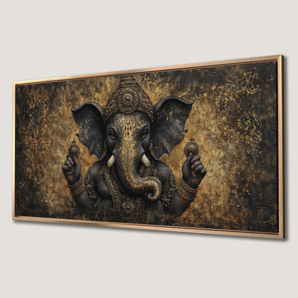 Framed Wall Art: Ganesha Canvas Print in a rich, textured style with a gold and black color palette. Perfect for adding spiritual elegance to your home.