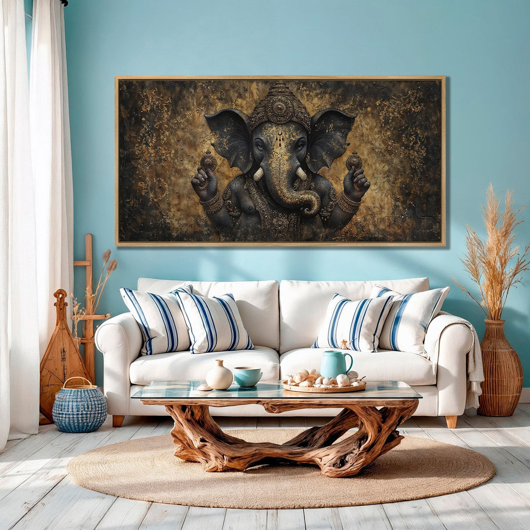 Framed Wall Art of Ganesha in a living room. Earthy tones and gold accents create a serene, spiritual atmosphere. Perfect for adding a touch of zen to your space.