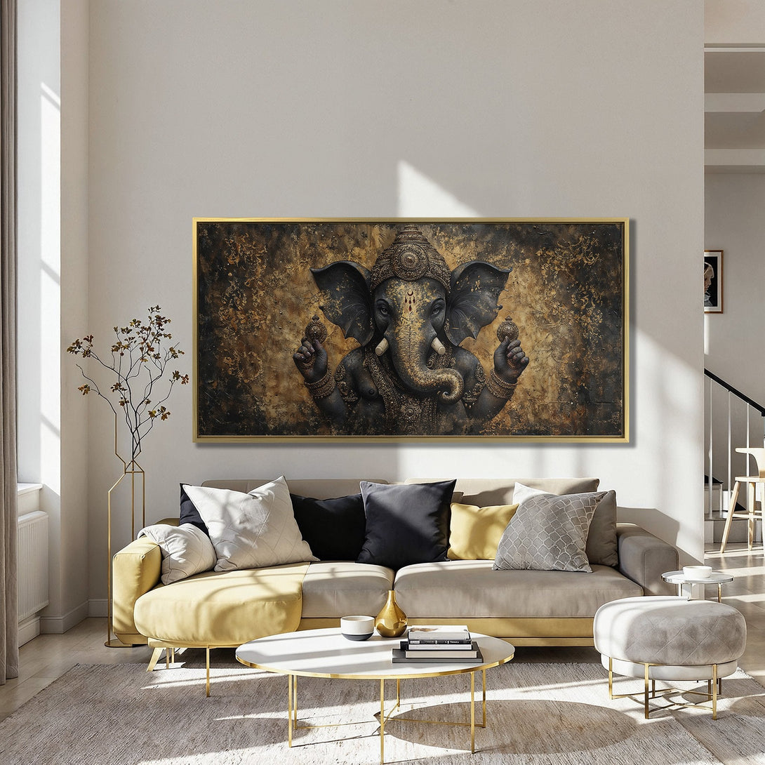 Canvas Print of Ganesha artwork in a dark, textured style with gold and brown tones. Adds a touch of elegance to any space.