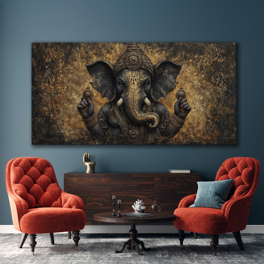 Framed Wall Art: Majestic Ganesh Canvas Print in a warm, earthy palette. Perfect for adding a touch of spiritual elegance to your home decor.
