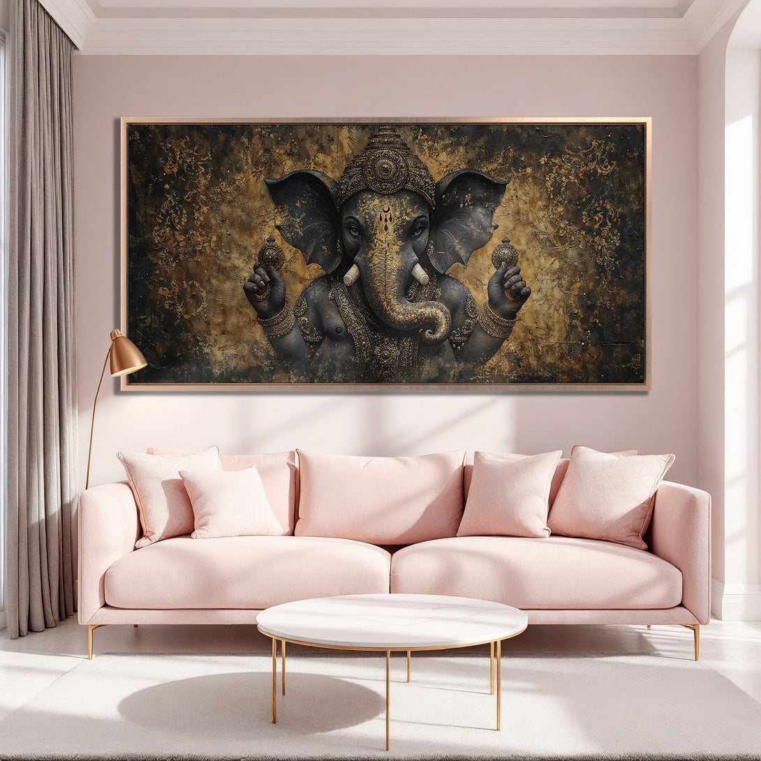Framed Wall Art: Ganesha Canvas Print in a modern interior. Features a detailed, dark, gold, and brown color palette. Enhance your home decor!
