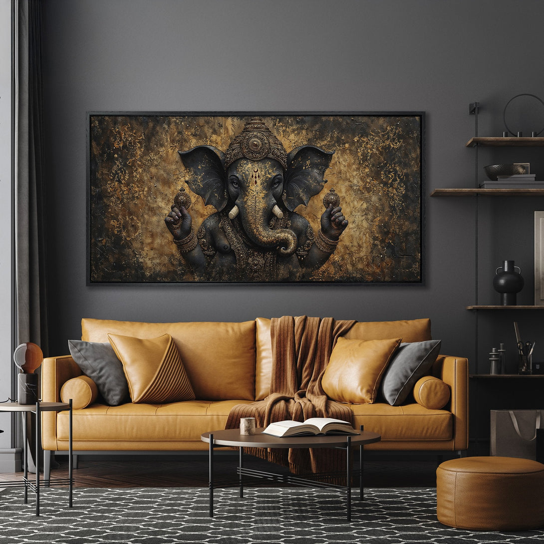 Framed Wall Art featuring Ganesha in a modern, luxurious interior. Earthy tones of gold, black, and brown create a sophisticated and spiritual ambiance.