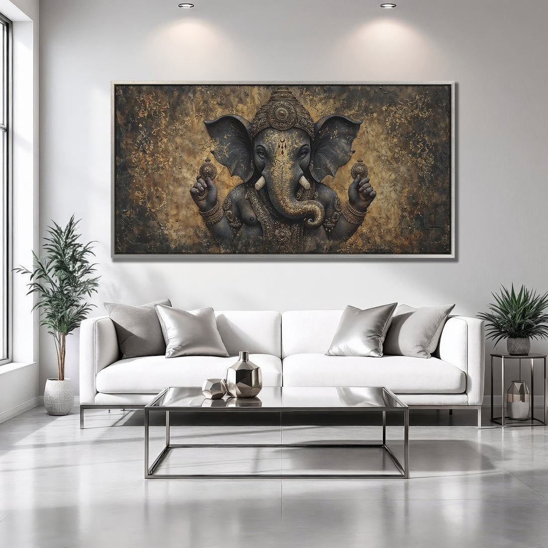 Framed Wall Art of Ganesha in a modern interior. Earthy tones and gold accents create a stunning, spiritual focal point. Elevate your space!