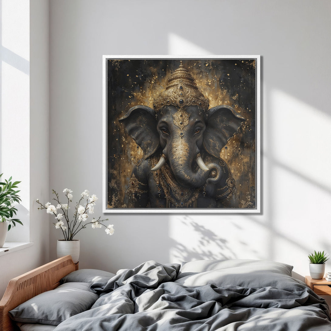 Framed Wall Art featuring a majestic elephant deity in a dark, gold-toned abstract style. Perfect for adding a touch of elegance to any room.