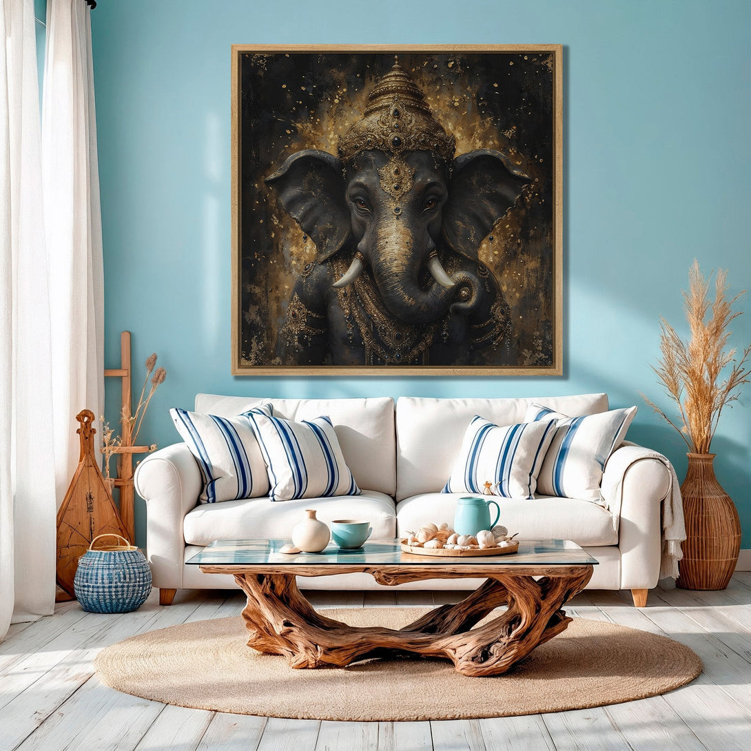 Framed Wall Art: Majestic elephant portrait in gold and black, displayed in a serene blue interior. Elevate your space with this stunning Canvas Print!