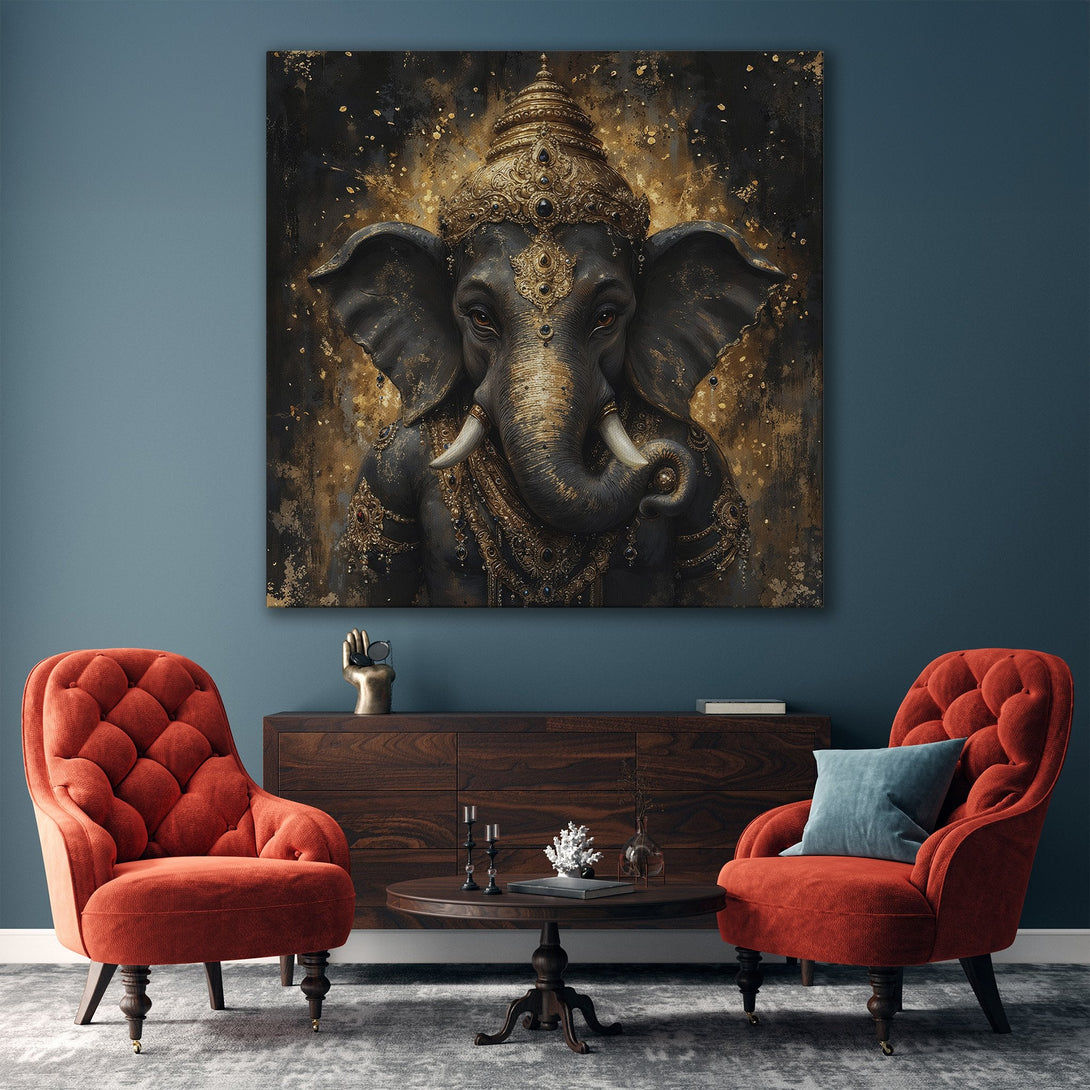 Framed Wall Art of Ganesha in gold and black. Elegant, spiritual decor for your home. Stunning canvas print with a luxurious, artistic touch.