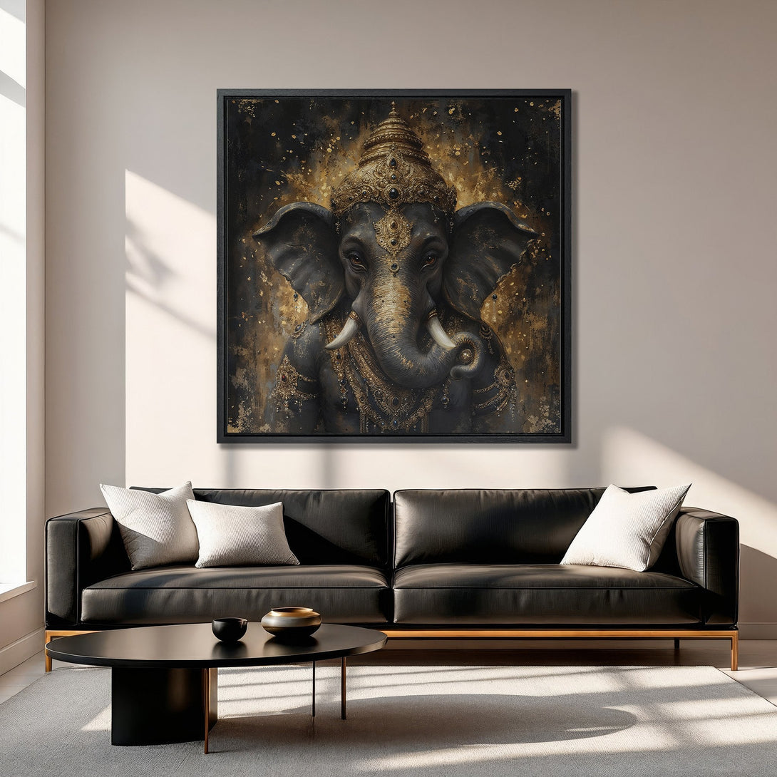 Framed Wall Art featuring a majestic elephant deity in gold and black. Perfect for adding a touch of elegance and spirituality to your living room.