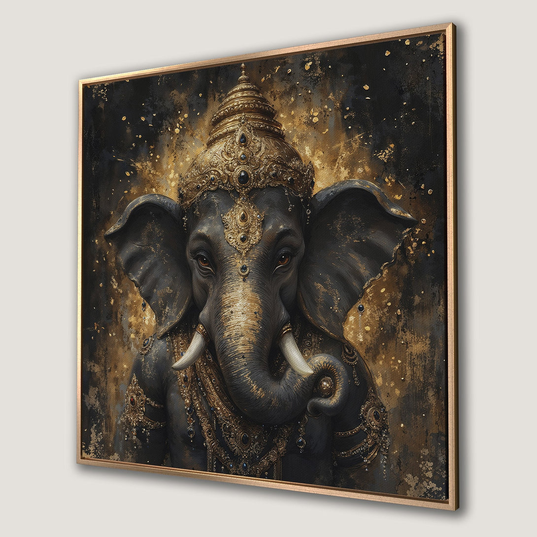 Framed Wall Art: Majestic elephant portrait in gold and black. Stunning canvas print, perfect for adding a touch of elegance to your home decor.