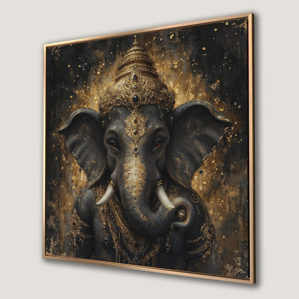 Framed Wall Art: Majestic elephant portrait in gold and black. Stunning canvas print, perfect for adding a touch of elegance to your home decor.