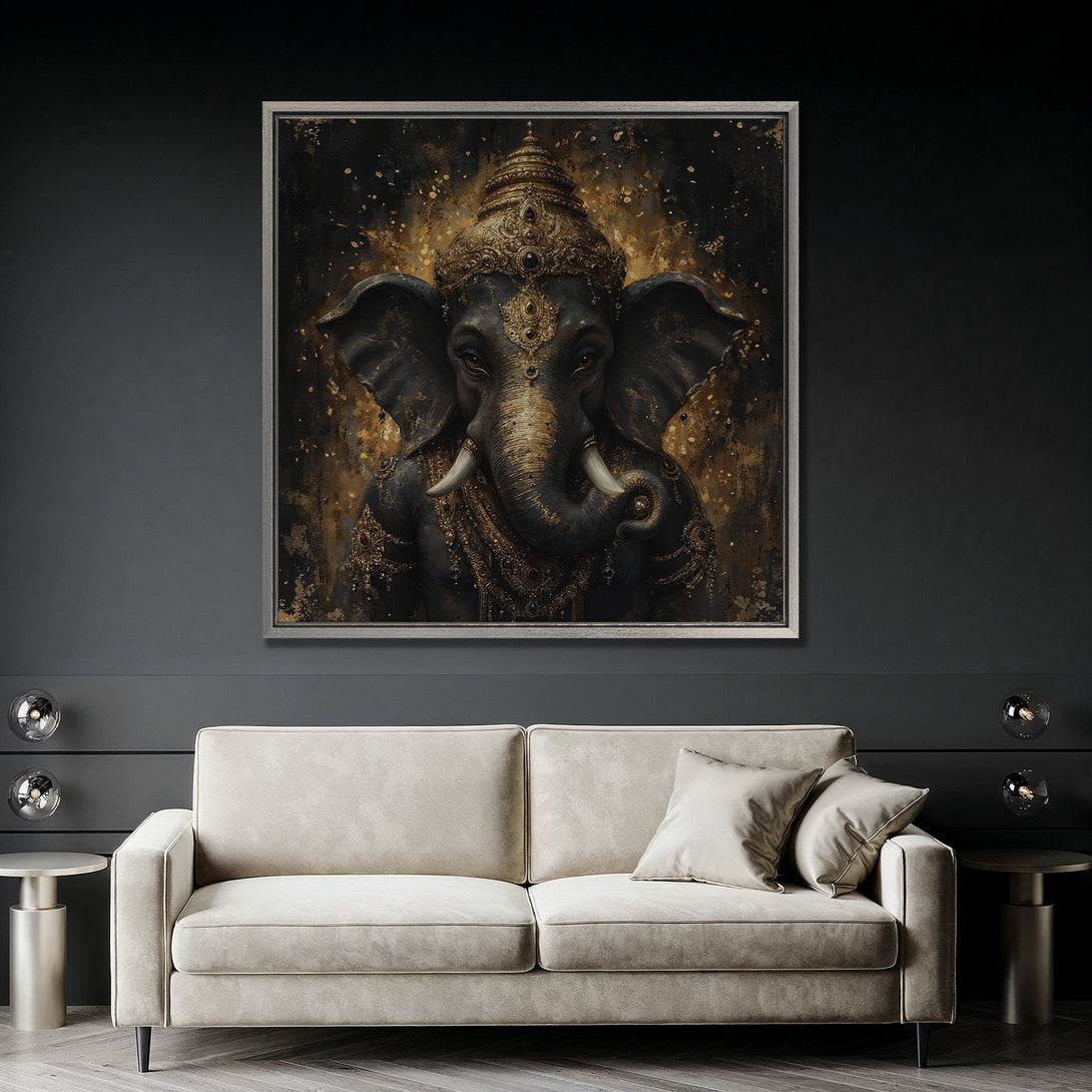 Framed Wall Art featuring a regal elephant deity in a dark, gold-toned style. Perfect for adding a touch of luxury and spirituality to your home.