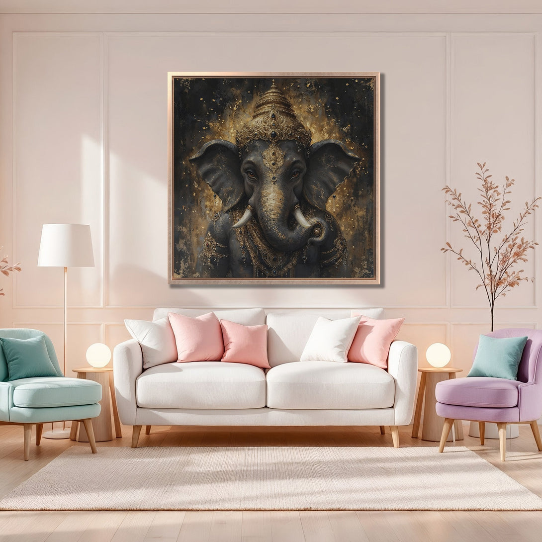 Framed Wall Art featuring a majestic Ganesha portrait in a gold and black color palette, perfect for adding a touch of elegance to any space.
